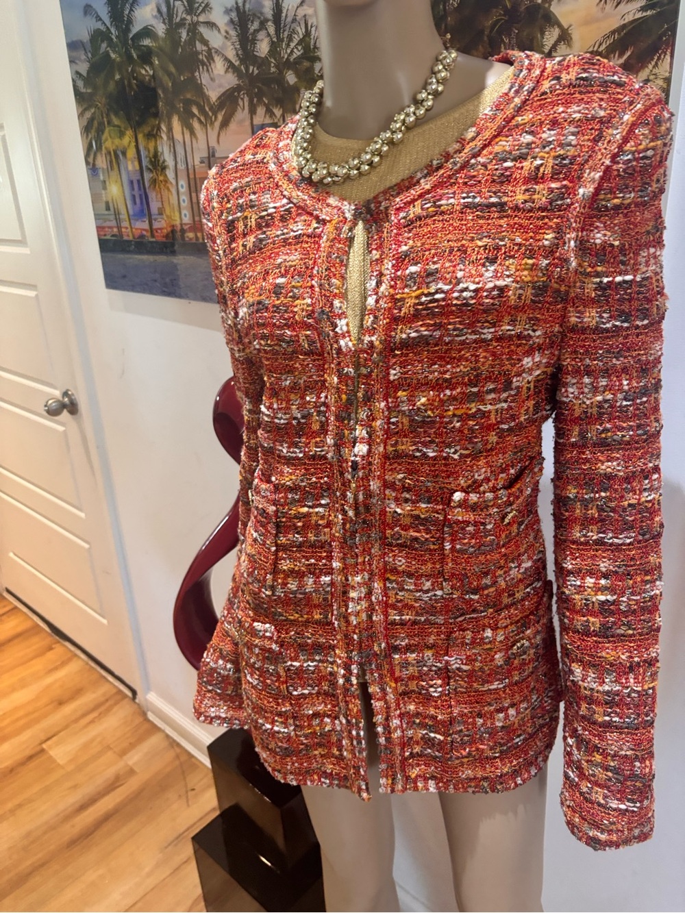 St. John Orange Multicolor Tweed Blazer red orange yellow 12 buttons shimmer - Picture 7 of 8